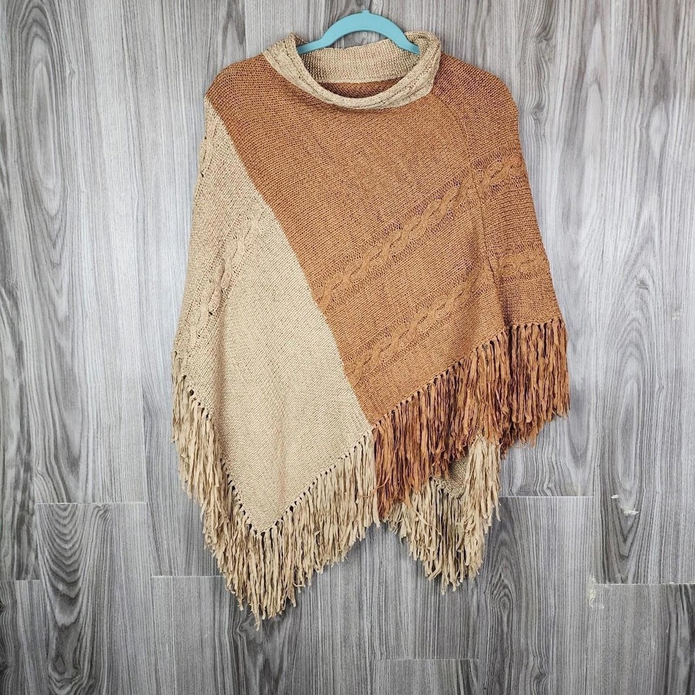 Cable Knit Colorblock Fringe Poncho Cowl Neck Brown Beige One Size
